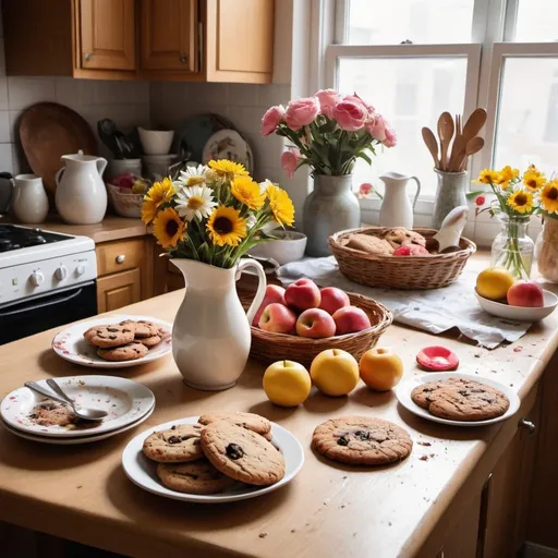 Prompt: Chat, show me a photo of a beautifully messy table that looks like someone is busy baking on it. On top of it is a pitcher with a bouquet of flowers, a plate of cookies, a basket of fruits, and other little kitchen clutter