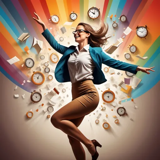 Prompt: personal goal visualization of a female leader dancing, (dynamic illustration), elements of (education: books, diplomas), (leadership: a guiding figure with a team), (time management: clocks, calendars), warm and uplifting colors, high depth, inspiring atmosphere, focus on self-improvement and growth, (ultra-detailed), harmonious background with a upward trajectory. Please add female leader