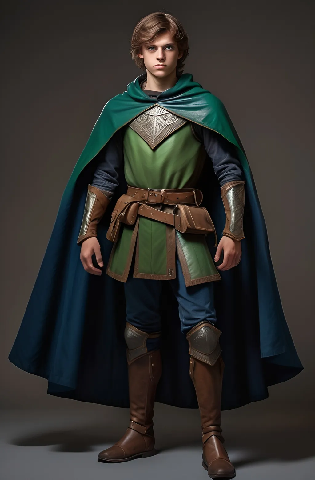 Prompt: Medieval young man, short stature, lean build, tanned skin, brown hair, and bright green eyes, leather armor, dark blue cape. Full body art