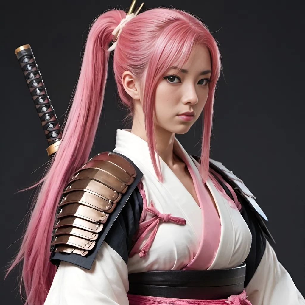 Prompt: pink long hair, ponytail, japanese features, white kimono, leather armor, shoulder armor, half body, katana on shoulder