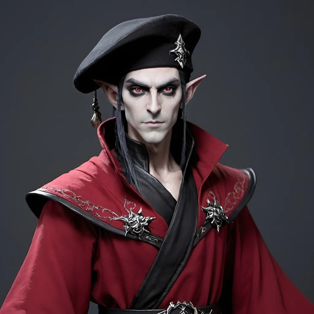 Prompt: male dark elf, red robe, black beret
