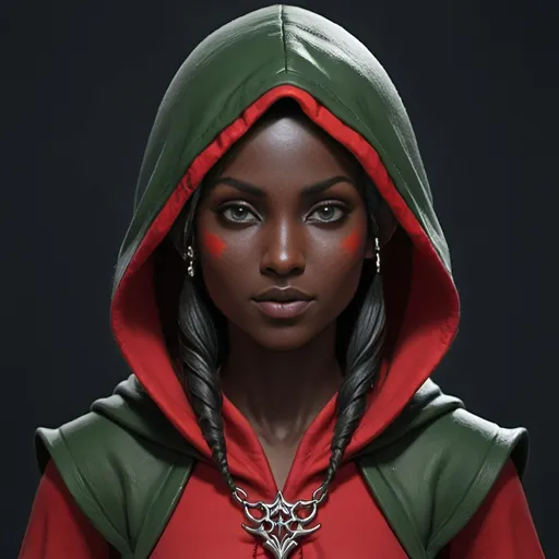 Prompt: hooded female elf, red hood, half body, dark black skin, dark hair