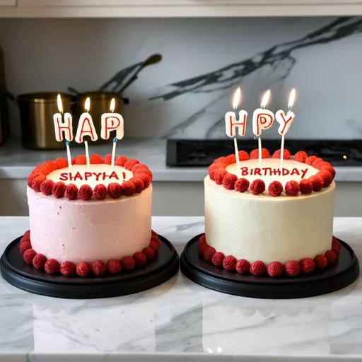 Prompt: Two really good birthday cakes on a marble countertop. One says happy birthday Shaya and one says happy birthday simi