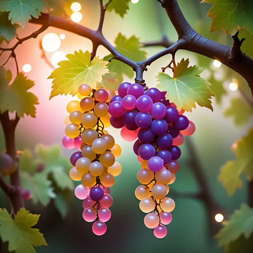 Prompt: "A vibrant and magical cluster of glowing grape-like orbs hanging from a tree branch. Each orb is translucent, containing delicate, colorful flowers—red, pink, purple, and yellow—that glow softly from within. The natural green leaves add contrast, while the background is softly blurred, creating a dreamy and fantastical atmosphere with sparkling lights illuminating the scene."