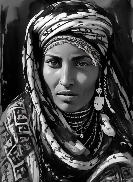 Prompt: profile portrait of a North African Berber woman acrylic painting, black and white, traditional Amazigh, detailed facial features, cultural jewelry, high quality, black and white, tribal, Amazigh, traditional, detailed pottery