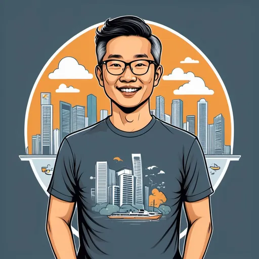 Prompt: Illustrated T-shirt design of a go-getter singaporean businessman