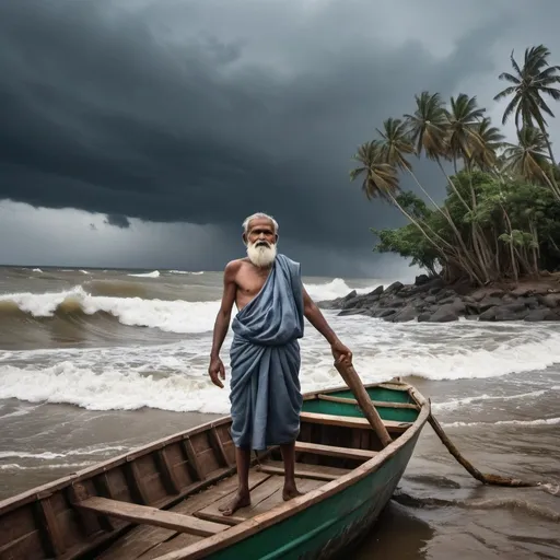 Prompt: One day, the village was hit by a terrible storm. The sea raged, and the waves grew taller than the tallest trees. The fishermen were scared and did not dare to go out to sea. But Urdo, trusting in Matsyadevi, decided to brave the storm. He prayed fervently and set out on his small boat, hoping to bring back enough fish to feed the hungry villagers.