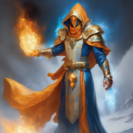Prompt: full body, A male genestealer hooded, elf, half face golden mask, Perfect Arms, cast fire and ice, golden Ornated Outfit,  Blue and Orange Robes 