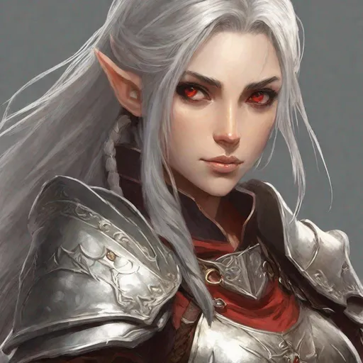 Prompt: female eladrin elf Gloom Stalker Ranger character concept art and illustration by akihiko yoshida, style of pixar, amazing detailed face closeup, Long plaited silver hair, big beautiful red eyes, fighter warrior, wearing a fighter leather armor, royal themed armor, action, madhouse and kyoani character face, cute, pretty girl, portrait, pixiv, artstation, specatcualr details, Volumetric Lighting, Dramatic lighting, avatar style