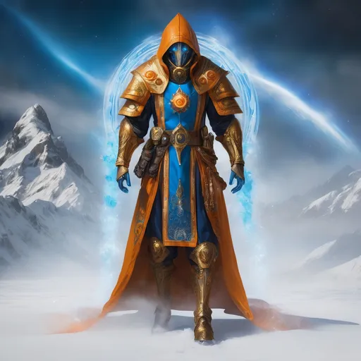 Prompt: full body, A male genestealer hooded, elf, half face golden mask, Perfect Arms, cast fire and ice, golden Ornated Outfit,  Blue and Orange Robes 