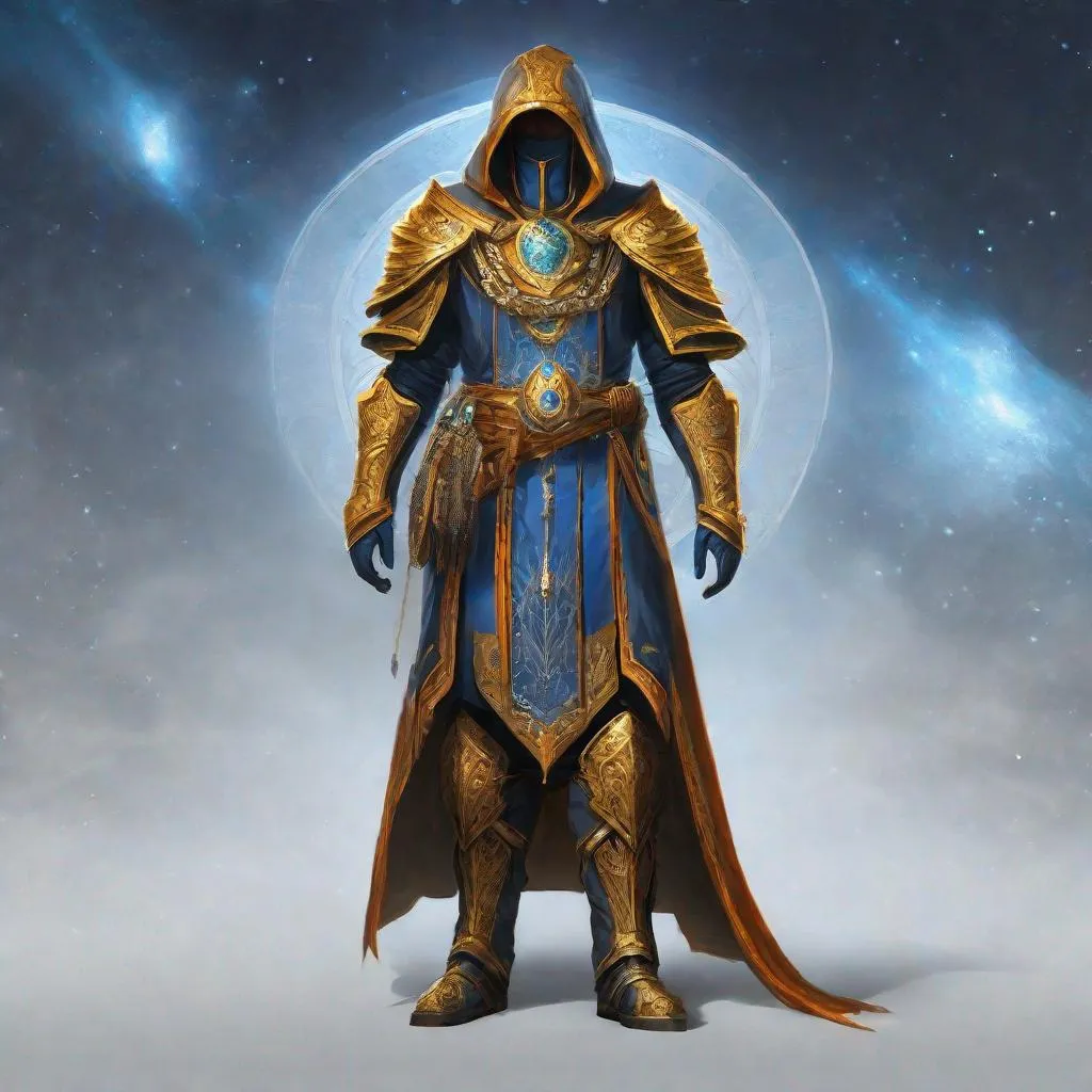 Prompt: full body, A male genestealer hooded cult leader, full face golden mask, Perfect Arms, cast fire and ice, golden Ornated Outfit,  Blue and Orange Robes, golden Jewelry, Elder Scrolls Online, 
