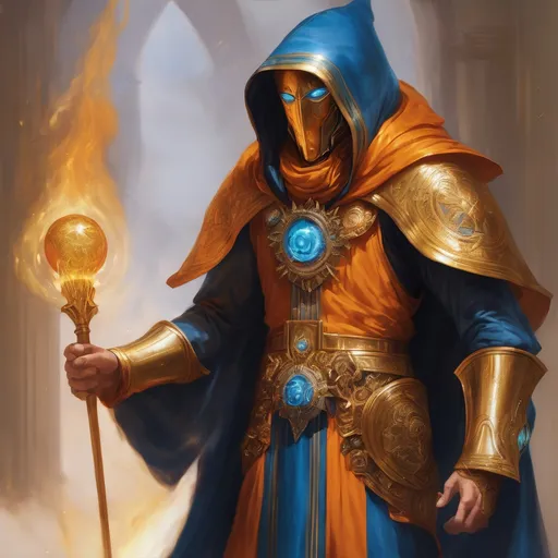 Prompt: full body, A male genestealer hooded, elf, half face golden mask, Perfect Arms, cast fire and ice, golden Ornated Outfit,  Blue and Orange Robes 