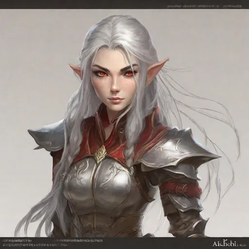 Prompt: female eladrin elf Gloom Stalker Ranger character concept art and illustration by akihiko yoshida, style of pixar, amazing detailed face closeup, Long plaited silver hair, big beautiful red eyes, fighter warrior, wearing a fighter leather armor, royal themed armor, action, madhouse and kyoani character face, cute, pretty girl, portrait, pixiv, artstation, specatcualr details, Volumetric Lighting, Dramatic lighting