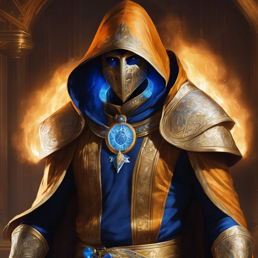 Prompt: full body, A male genestealer hooded cult leader, full face golden mask, Perfect Arms, cast fire and ice, golden Ornated Outfit,  Blue and Orange Robes, golden Jewelry, Elder Scrolls Online, 