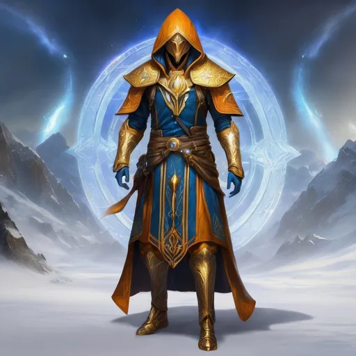 Prompt: full body, A male genestealer hooded, elf, half face golden mask, Perfect Arms, cast fire and ice, golden Ornated Outfit,  Blue and Orange Robes, golden Jewelry, Elder Scrolls Online, 