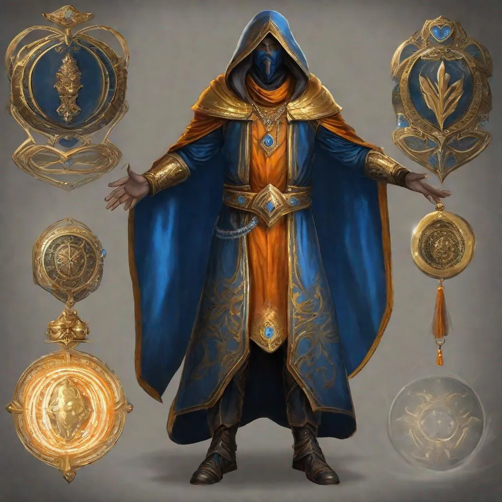 Prompt: full body, A male genestealer hooded cult leader, full face golden mask, Perfect Arms, cast fire and ice, golden Ornated Outfit,  Blue and Orange Robes, golden Jewelry, Elder Scrolls Online, 