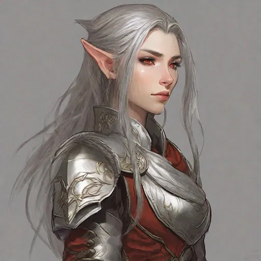 Prompt: female eladrin elf Gloom Stalker Ranger character concept art and illustration by akihiko yoshida, style of pixar, amazing detailed face closeup, Long plaited silver hair, big beautiful red eyes, fighter warrior, wearing a fighter leather armor, royal themed armor, action, madhouse and kyoani character face, cute, pretty girl, portrait, pixiv, artstation, specatcualr details, Volumetric Lighting, Dramatic lighting
