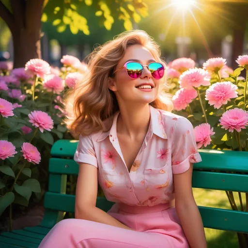 Prompt: A charming scene featuring a cute lady resting in a sunlit park, wearing stylish sunglasses that reflect sparkling rays of light. She sits on a vibrant green bench, surrounded by blooming flowers in hues of pink and yellow, their petals gently swaying in the warm breeze. The sunlight casts soft shadows, creating a playful interplay of light and shade around her. Her expression is joyful, with a bright smile that radiates warmth and happiness. A whimsical watermark floats delicately in one corner of the image, blending harmoniously with the cheerful ambiance. This artwork adopts a dreamy watercolor illustration style, enhancing the lighthearted and carefree mood of the moment.