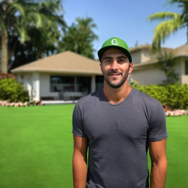 Prompt: 30 year old man with a tanned complextion wearing a ball cap, friendly looking, in a turf covered yard for the background