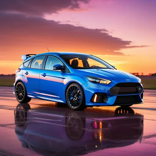 Prompt: A blue ford focus RS parked on a runway with a plane flying overhead with a sunset