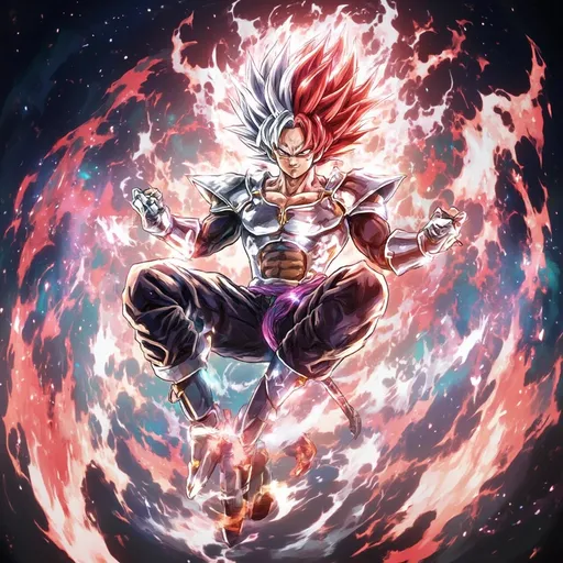Prompt: Version 5: "Final Divine Beast"
Theme: Perfect fusion—rage and divinity as one.

Hair: SSJ4 mane with silver UI energy forming a halo of spikes behind the head.

Aura: A perfect yin-yang of red and silver, swirling like a galaxy.

Eyes: Mechanical silver (UI) with SSJ4’s piercing amber.

Outfit: Armor reforged with divine energy (floating pauldrons, no weight).

Pose: Floating cross-legged, one hand open (UI calm), the other clenched in a fist (SSJ4 rage).

Extras: Tail coiled calmly, but energy crackling at the tip.

Best for: The ultimate balance—unmatched power, zero wasted movement.