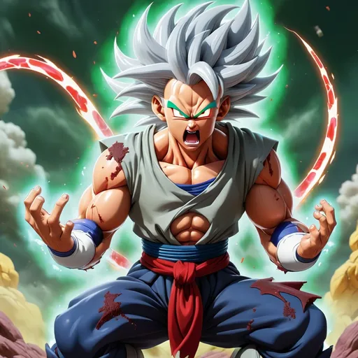 Prompt: Version 1: "Primal Instinct"
Prompt:
"Dragon Ball Z style, Saiyan in mid-air power-up, wild silver-crimson SSJ4 hair with Ultra Instinct streaks, glowing white-amber eyes, half-destroyed Saiyan armor with divine tattered sash, silver-rose aura with red lightning, tail bandaged but sparking, ancient Oozaru tattoos glowing, floating debris on Namek, green skies, energy vortex, kneeling pose with one hand gripping ground, snarling expression, ultra-detailed, hyper-dynamic, cinematic lighting."
