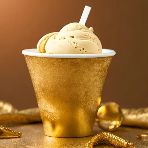 Prompt: golden color ice cream cup with brand name with brab=nding and strowery image in that