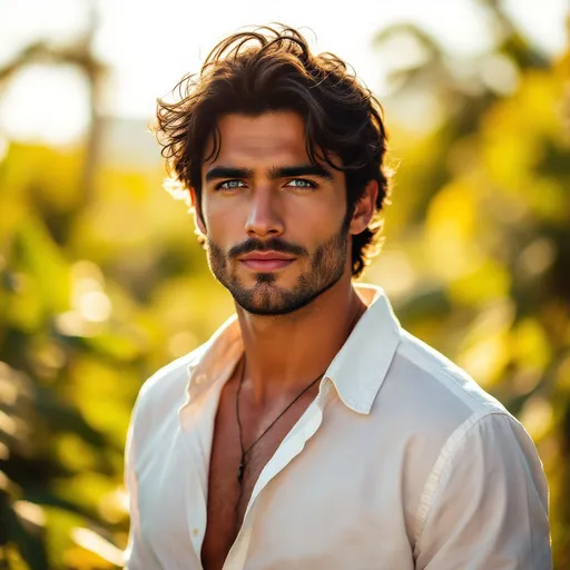 Prompt: A man with tousled dark hair and a distinct stubble stands confidently in a sunlit outdoor setting, exuding a relaxed yet intense demeanor. His piercing blue eyes gaze directly into the camera, framed by a slight, charismatic smile that hints at warmth and approachability. Dressed casually in a white shirt, he appears at ease in the vibrant atmosphere, with soft light accentuating his facial features. The backdrop is a blur of green foliage and warm tones, creating a serene ambiance that complements his striking appearance, suggesting a moment caught between contemplation and enjoyment of a sunny day. This image encapsulates a blend of personal allure and the beauty of a tranquil outdoor environment.