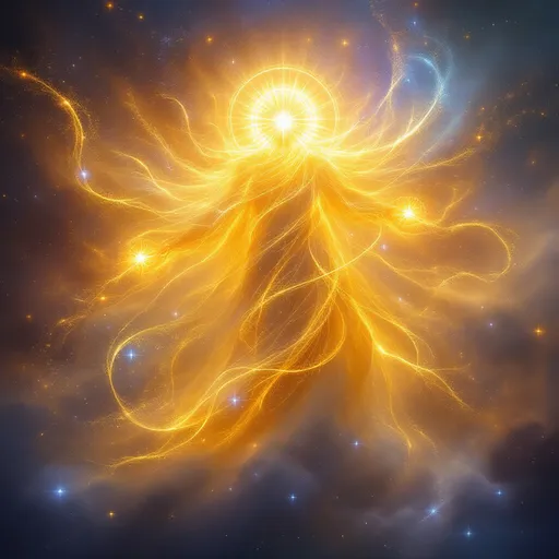 Prompt: The Prime God of Creation, known as the First Radiance, stands like a living star wrapped in a flowing mantle of prismatic light. Their form is ever-shifting, a cosmic forge where galaxies are born within their robes. Their eyes burn like twin suns, and their voice hums with the resonance of the universe’s first breath. Each movement leaves behind trails of golden nebulae, birthing and dissolving new worlds in their wake. Create his image 