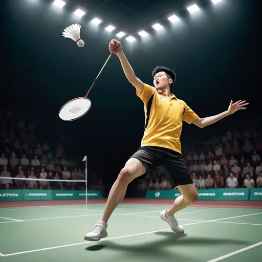 Prompt: a realistic picture of someone jump smash a shuttlecock in badminton with a badminton racket
