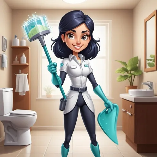 Prompt: Create a cartoon image of a heroic lady character named "Victrix." She is a germ fighter, equipped with a sword in her hand, actively fighting and slaying germs. She should look powerful and confident, dressed in a stylish yet practical outfit suitable for home care products. Surround her with various types of germs being defeated, emphasizing cleanliness and hygiene. Incorporate elements like a shiny floor, sparkling clean dishes, and a gleaming toilet to highlight the effectiveness of the products. The background should suggest a clean and well-maintained home environment. Ensure the brand name "Victrix" is prominently displayed in a dynamic and attractive font.