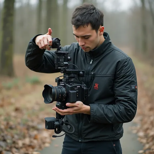 Prompt: Make me hold a camera in my hand with dji ronin and change my clothes 