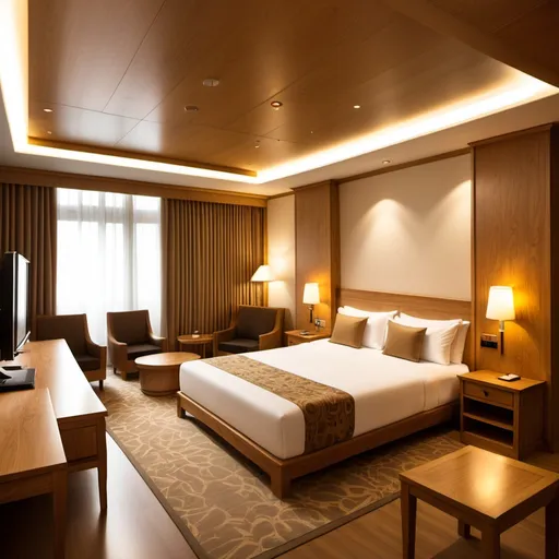 Prompt: hotel whole room with furniture made of natural solid woodns 