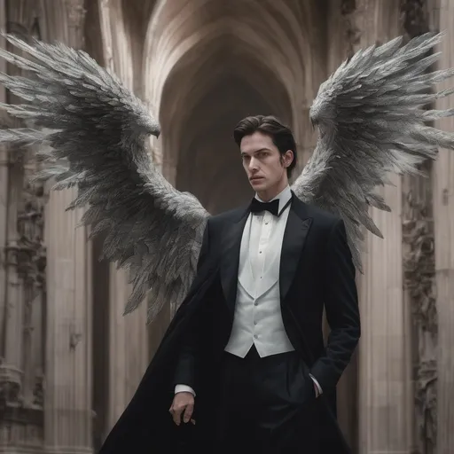 Prompt: a man 1.78 meters tall black eyes silver  hair wearing a  tuxedo scholarly air to him handsome in someways not bulky but not thin either he is fit young face his standing in a cathedral holding a gun on his left side rests a briefcase his looking at an angel with twelve wings preparing for battle