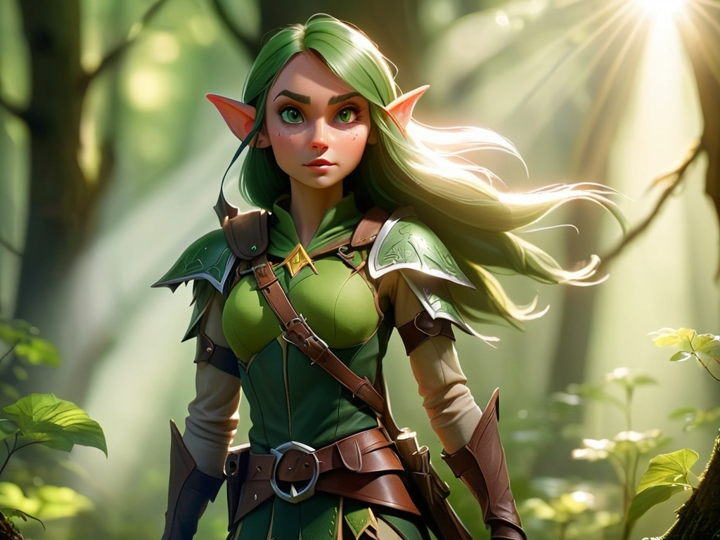 Prompt: Elf ranger in a mystical forest around sunlight