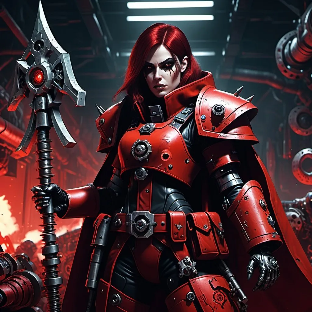 Prompt: Dark illustration of a woman mechanic in Warhammer 40k style, red tones, with a battle axe, mechanical eye, red robe, cybernetic augmentation, tech implants, highres, ultra-detailed, warhammer 40k, dark future, red tones, mechanical eye, cybernetic, battle axe, professional, atmospheric lighting