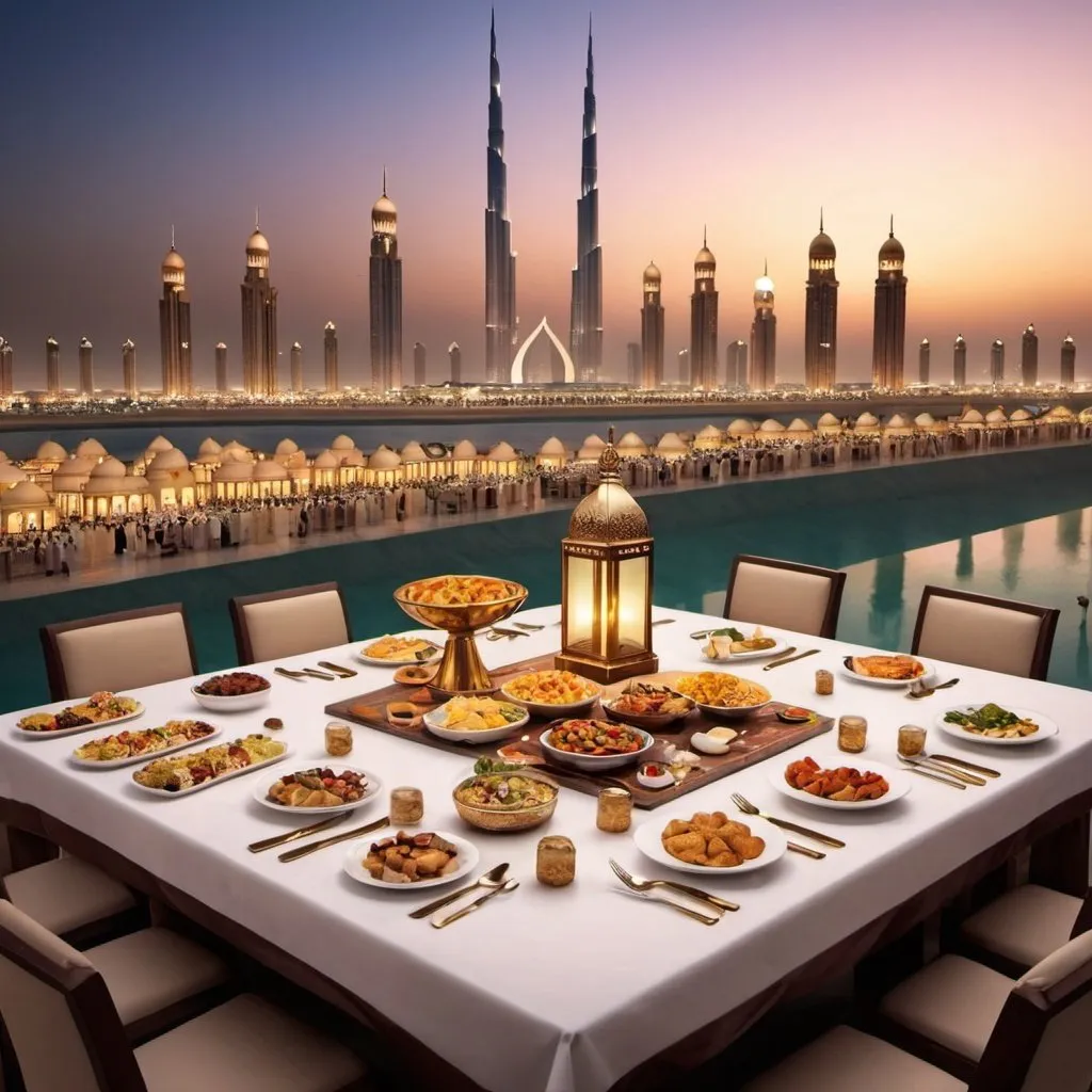 Prompt: Tkia iftar Date announced 31-March-2024 with a beautiful uae iconic background