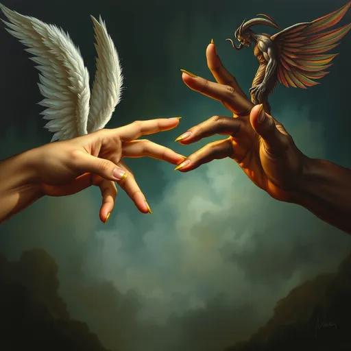 Prompt: a hyperealistic painting of an two opposing hands reaching out to each other, 1 angel hand, 1 demon hand, good and evil, moody, anatomically correct, 4 fingers, 1 thumb