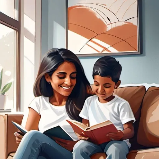 Prompt: drawing of a indian-american business woman relaxing at home with her two boys who are 6 and 3 years old, and her husband. She's wearing jeans and a white t-shirt, reading a book, while her little kids play together near by and her husband is walking over with a cup of coffee. Modern, fluid lines, and calming color scheme