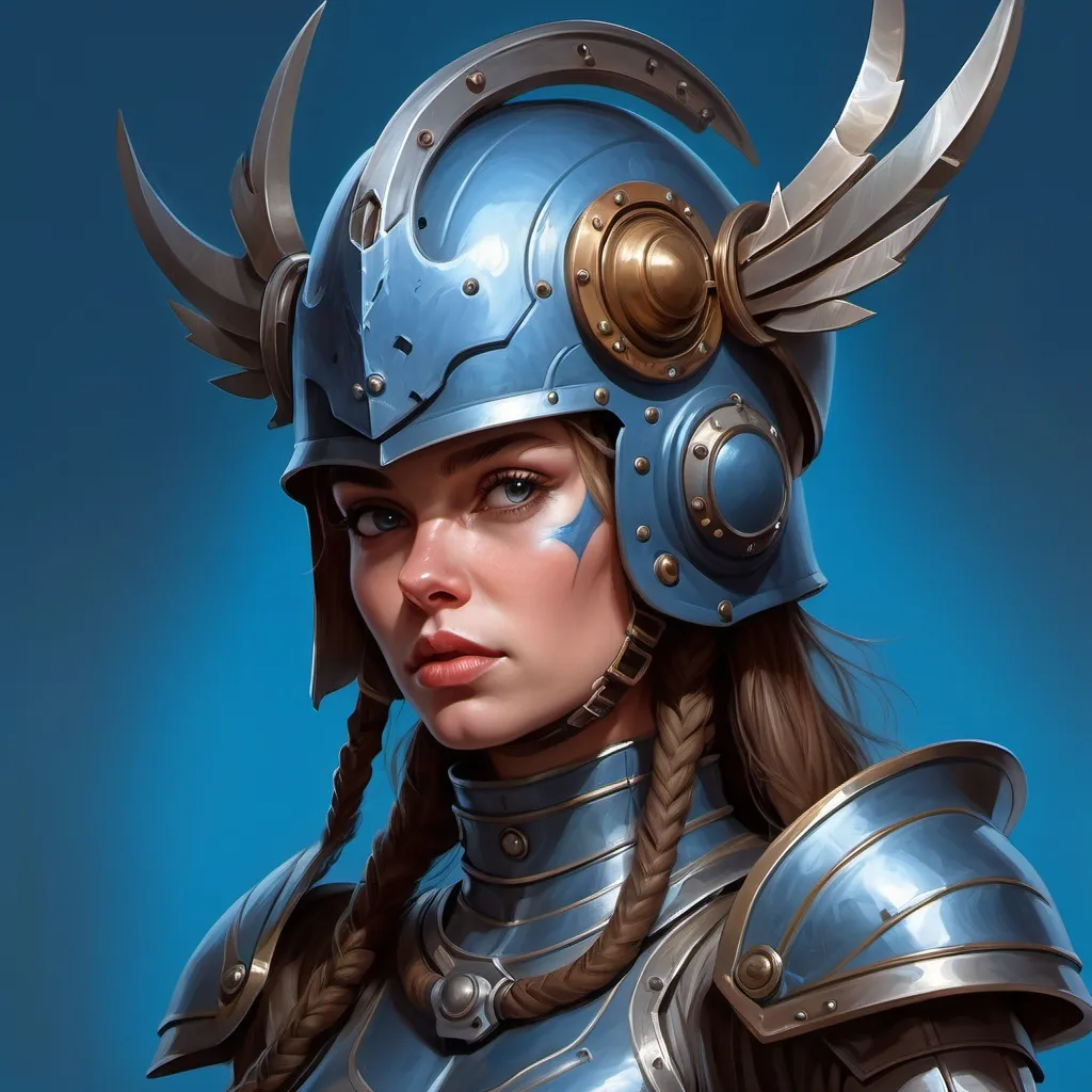 Prompt: a woman with a helmet and a metal head piece on her head, with a blue background and a blue background, Clint Cearley, fantasy art, trending on artstation hq, a detailed painting