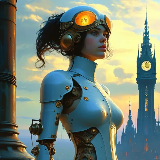 Prompt: a woman in a futuristic suit standing in front of a futuristic city with a clock tower in the background, Anne Stokes, fantasy art, steampunk, cyberpunk art