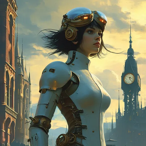 Prompt: a woman in a futuristic suit standing in front of a futuristic city with a clock tower in the background, Anne Stokes, fantasy art, steampunk, cyberpunk art