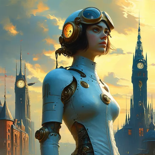 Prompt: a woman in a futuristic suit standing in front of a futuristic city with a clock tower in the background, Anne Stokes, fantasy art, steampunk, cyberpunk art