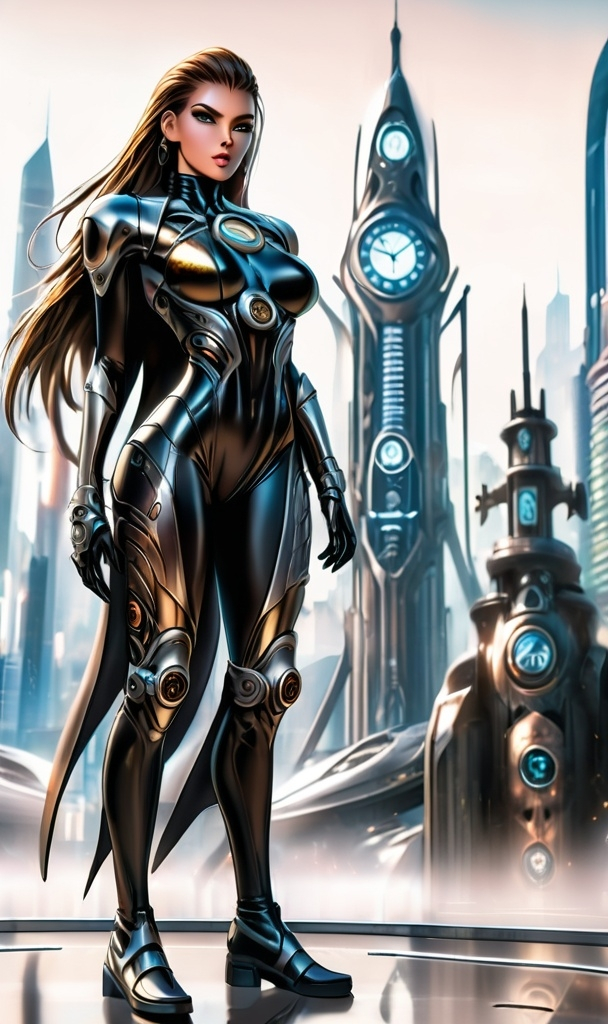 Prompt: a woman in a futuristic suit standing in front of a futuristic city with a clock tower in the background, Anne Stokes, fantasy art, steampunk, cyberpunk art