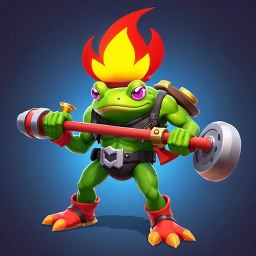 Prompt: New male legendary brawler in brawl stars game. Special weapon is frog trower in one hand and flame trower in other. 