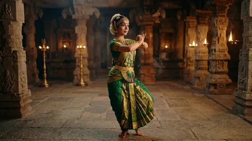 Prompt: Ultra photorealistic full-body head-to-toe wide-angle portrait of the exact same Bharatanatyam dancer woman from the reference image (same face identity, same green bindi, same eyeliner and lipstick, same nose ring, same hairstyle with jasmine gajra, same gold headpiece and jewelry set, same green-and-gold costume), performing the same hand mudra / pose, in the same ancient stone temple interior with warm diya lamps glowing in the background.

Framing (must): full body head-to-toe visible, feet fully included, no cropping, enough floor visible under her feet; subject placed slightly off-center for cinematic composition (rule of thirds), with temple pillars as leading lines.

Camera / lens: ARRI Alexa 35, 24mm wide-angle prime, camera placed 6–10 feet away to avoid facial distortion while still wide; slightly low angle (camera at waist/chest height) with a subtle dynamic tilt (5°), capturing her entire body in one frame.

Depth of field: f/2.8–f/3.5, subject sharp from face to feet, background softly blurred with creamy bokeh.

Lighting: warm cinematic practical diya lighting, soft key light shaping her face and costume, gentle rim light outlining hair and jewelry, realistic shadows on temple floor, no harsh flash.

Look / tone: high-budget cinematic realism, Kodak Vision3 warm grade, natural skin texture (pores visible), realistic fabric weave and embroidery, accurate metal reflections and gemstone highlights, subtle film grain, HDR feel.

Environment details: carved stone pillars, aged temple textures, warm amber bokeh lamps, slight atmospheric haze for depth, realistic floor stone patterns.