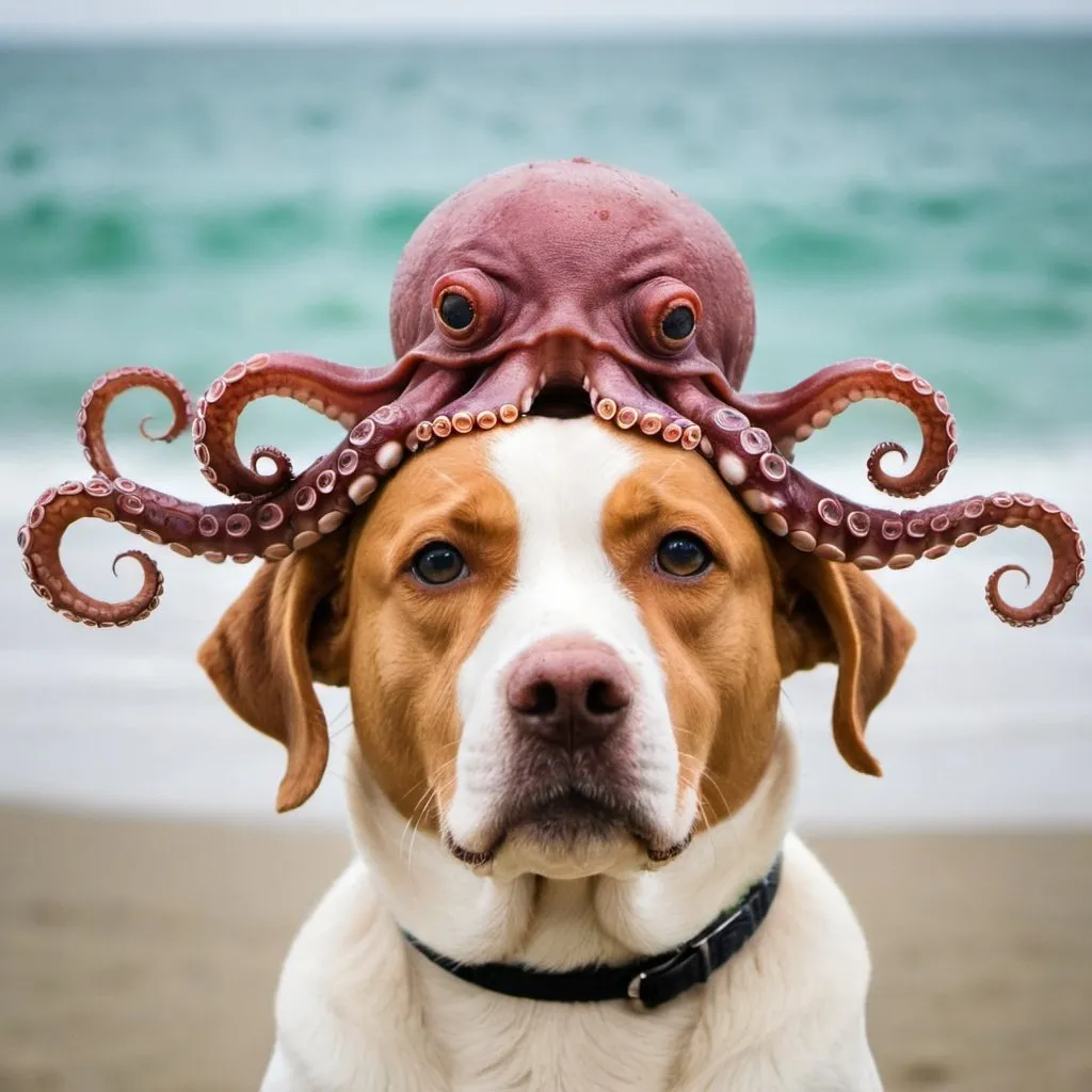 Prompt: a dog with an octopus on his head