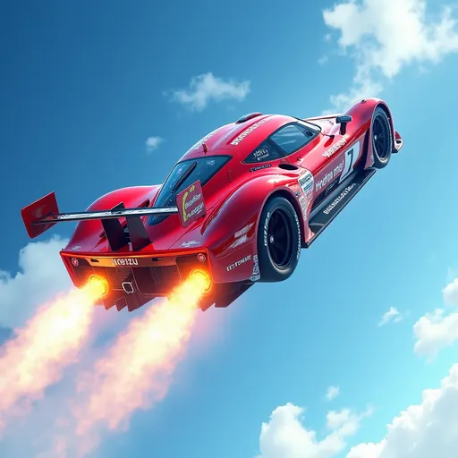 Prompt: A sleek racing car, painted in vibrant red, soars dramatically through a clear blue sky, with powerful flames erupting from its rear exhausts, indicating high speed and adrenaline. The vehicle, designed with aerodynamic lines and intricate detailing, captures the essence of high-performance motorsport, showcasing a prominent racing number and sponsor logos. Wisps of white cloud drift through the background, enhancing the sense of motion as the car ascends gracefully against the horizon. The bright lighting highlights the car's glistening surface and accentuates the thrill and excitement of this exhilarating moment, embodying the spirit of speed and competition.