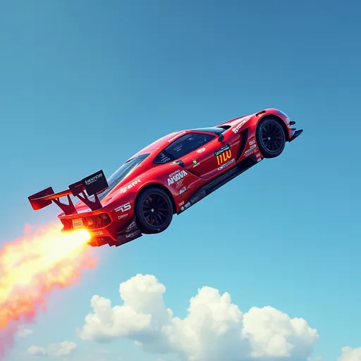 Prompt: A sleek racing car, painted in vibrant red, soars dramatically through a clear blue sky, with powerful flames erupting from its rear exhausts, indicating high speed and adrenaline. The vehicle, designed with aerodynamic lines and intricate detailing, captures the essence of high-performance motorsport, showcasing a prominent racing number and sponsor logos. Wisps of white cloud drift through the background, enhancing the sense of motion as the car ascends gracefully against the horizon. The bright lighting highlights the car's glistening surface and accentuates the thrill and excitement of this exhilarating moment, embodying the spirit of speed and competition.