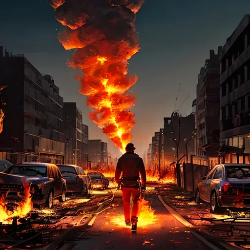 Prompt: a man fused with fire has a fire aura  around him, walking leaves a burnt up trqil behind him cityscape, burnt down building,  bikes, cars, airplanes on fire falling from sky,firefly, fire tornado,